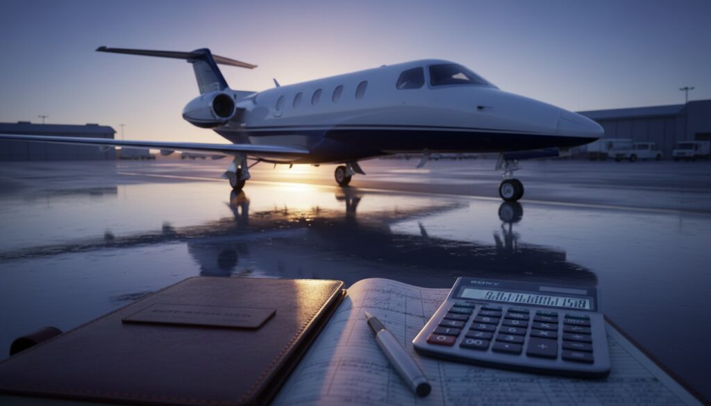 A premium Phenom 300 business jet on a rain-wet tarmac at dusk with soft golden backlighting, paired with an open aviation logbook and calculator showing financial data, symbolizing the phenom 300 operating cost analysis and budget breakdown for small jet ownership.