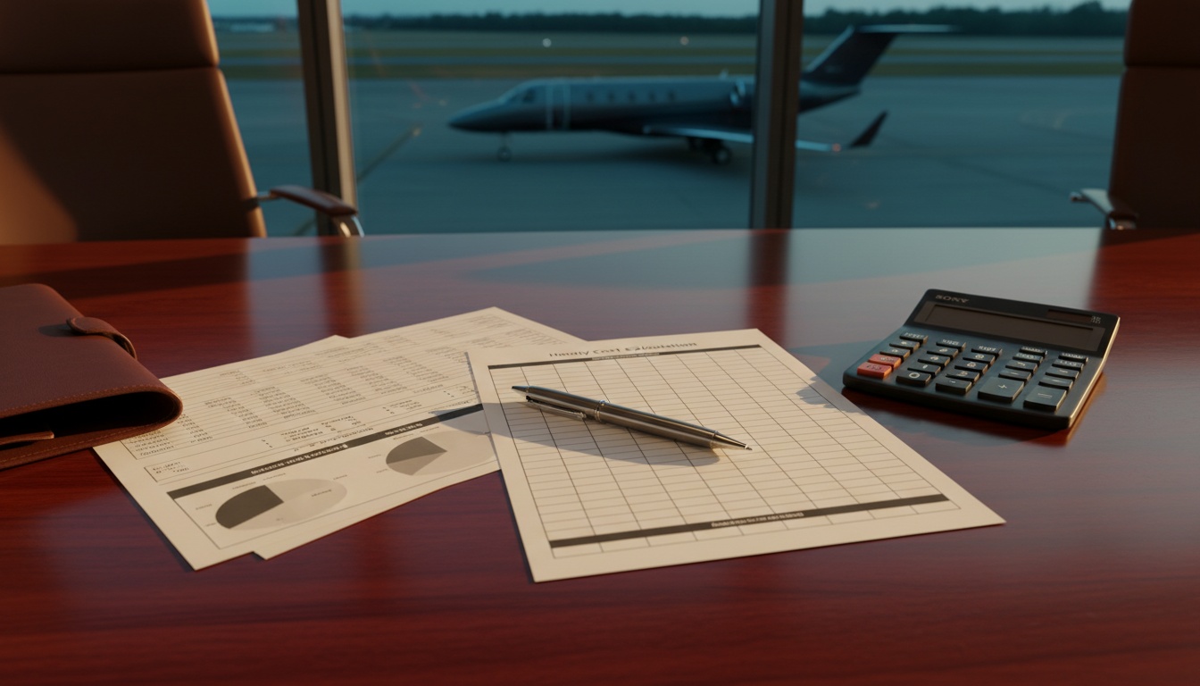 Overhead view of a corporate desk with financial documents and calculator in warm golden light, representing Citation XLS operating costs analysis and aircraft ownership financial planning.