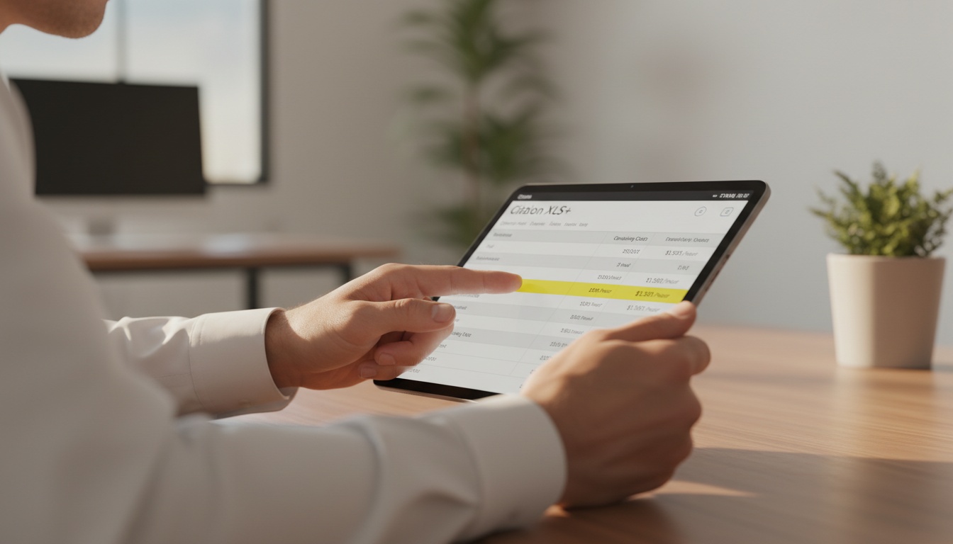Close-up of aviation executive reviewing Citation XLS hourly cost analysis on tablet, displaying variable and fixed operating cost data, professional office setting with natural lighting