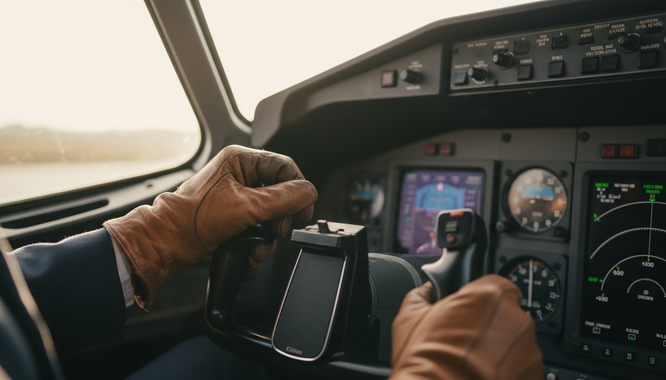 Close-up of a pilot's hands on aircraft controls in a modern cockpit, demonstrating direct operational oversight that distinguishes true private aircraft charter services providers from asset-light brokers
