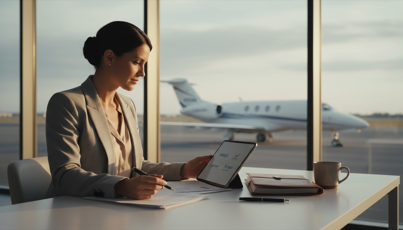 Professional woman reviewing aircraft safety certifications and operational documents on tablet while seated at modern desk with private jet visible through window, representing due diligence for private jet charter website selection